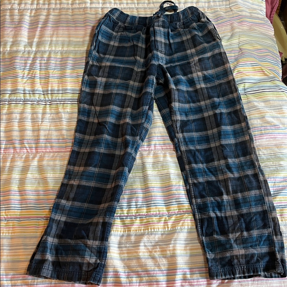 Blue Plaid Flannel Drawstring Elastic Waist Pajama bottoms